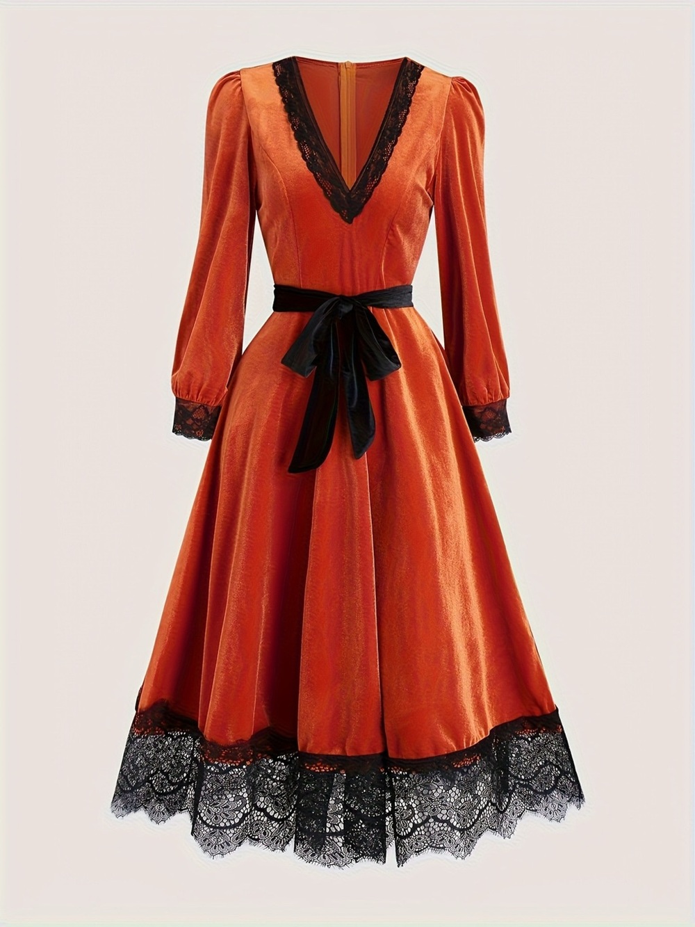 Velvet V-Neck Lace Trim Midi Dress with Waist Tie